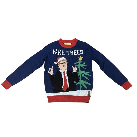 NWT Tipsy Elves Men’s Small Fake Trees Ugly Christmas Sweater Donald Trump - Picture 2 of 9